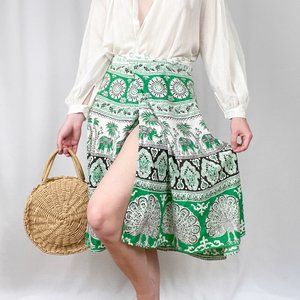 Vintage Paris High Rise Midi Wrap Skirt Bohemian Green Animal Print Flowy Boho